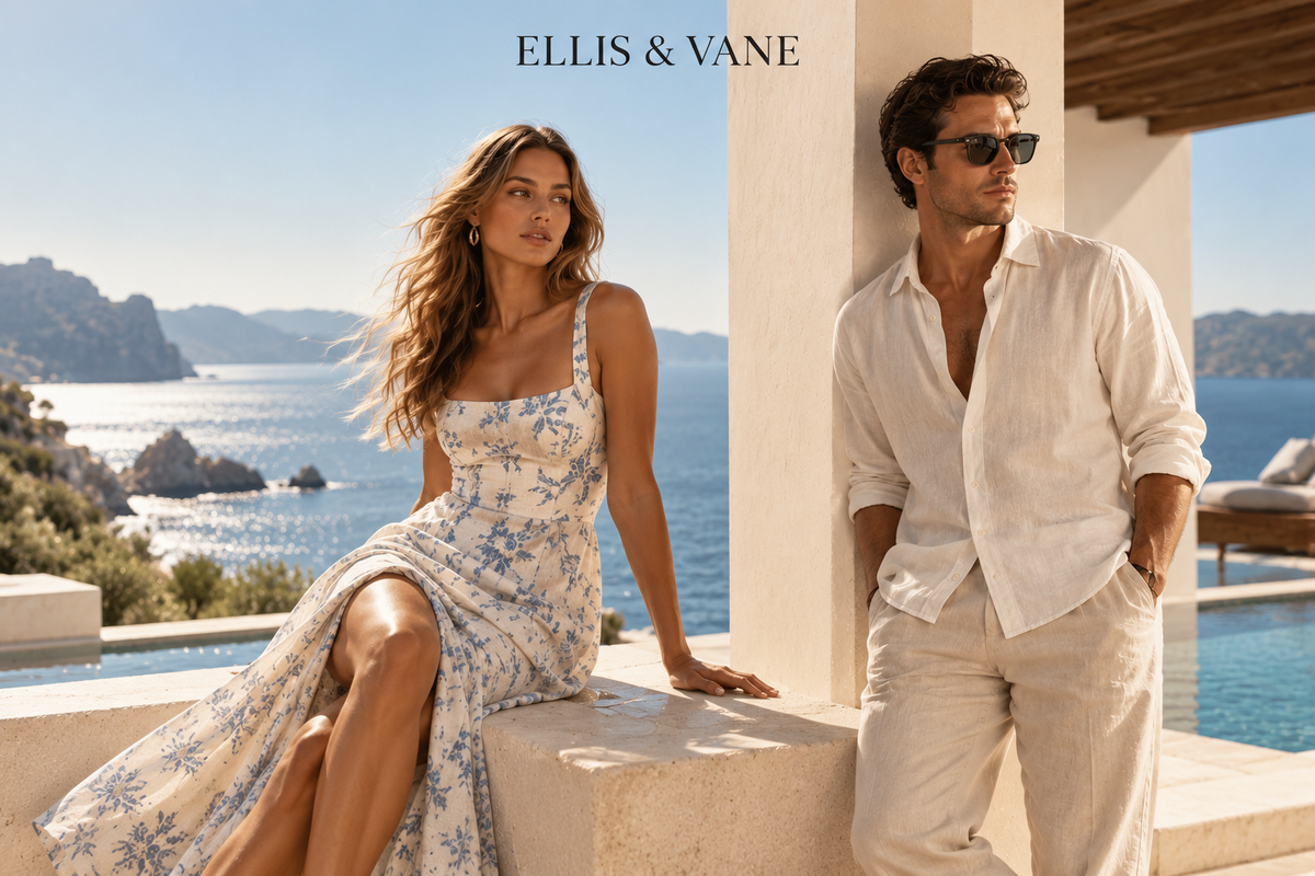 Woman in a blue floral maxi dress and man in a cream linen shirt on a sunlit coastal terrace