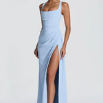 Sky blue square neck maxi dress, angled view showing the side split and ruched waist