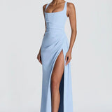 Sky blue square neck maxi dress, angled view showing the side split and ruched waist