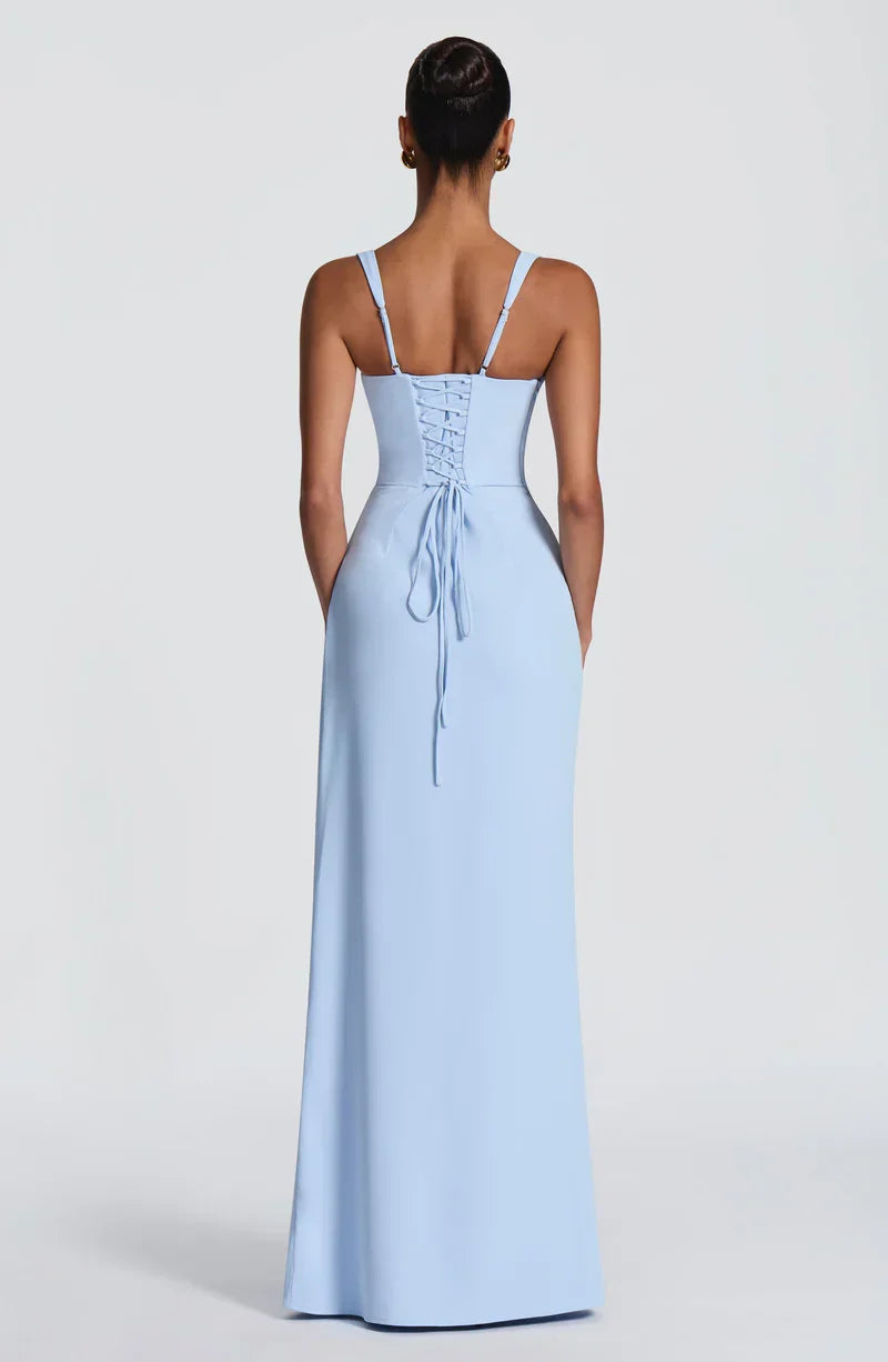 Sky blue square neck maxi dress, back view with lace-up tie detail