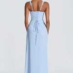 Sky blue square neck maxi dress, back view with lace-up tie detail