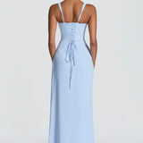 Sky blue square neck maxi dress, back view with lace-up tie detail