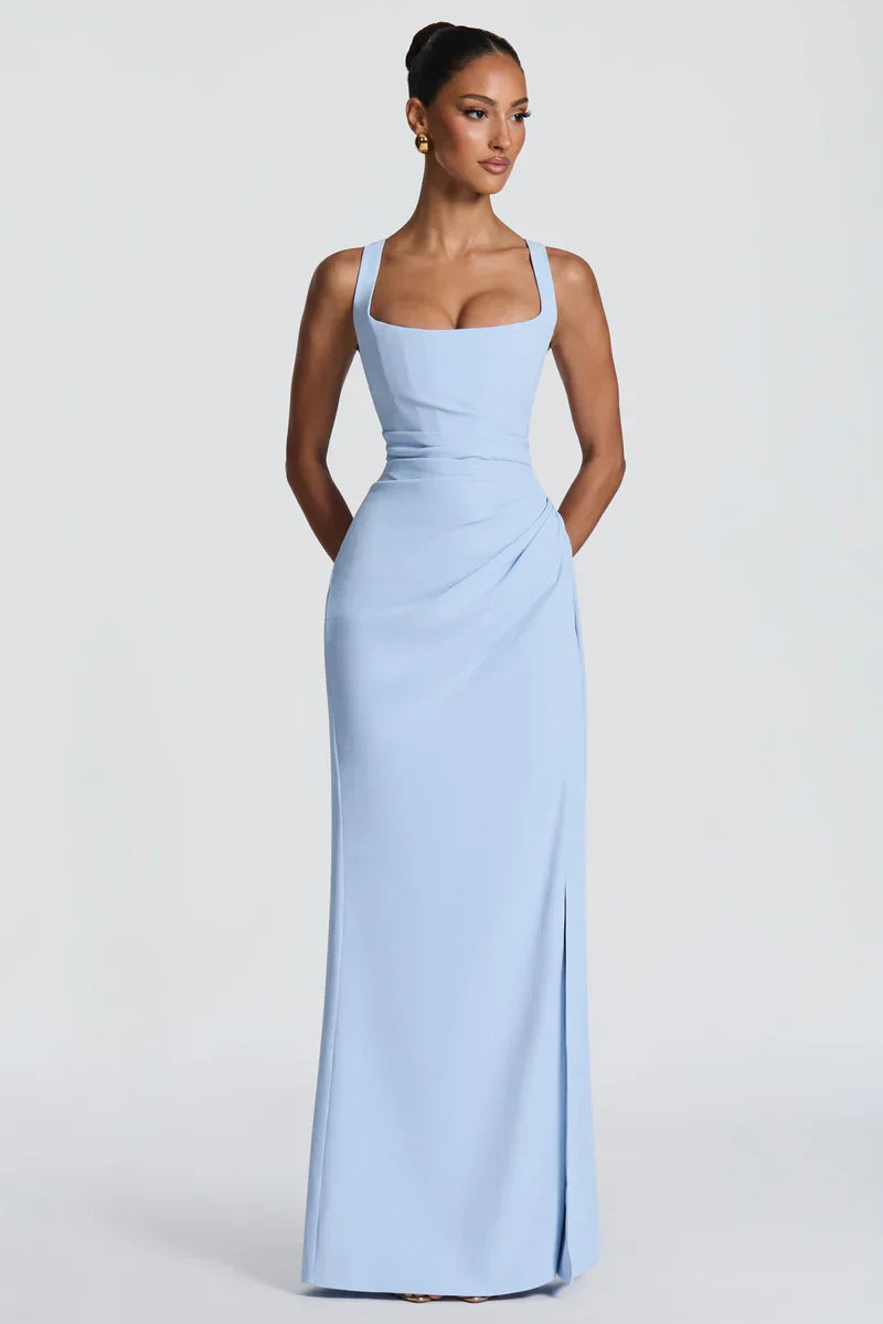 Sky blue square neck maxi dress, front view