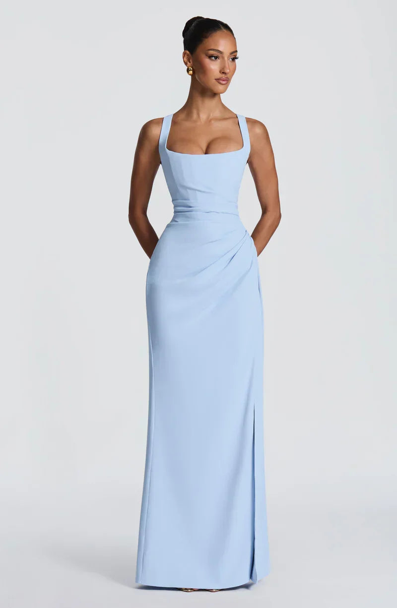 Sky blue square neck maxi dress, front view