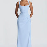 Sky blue square neck maxi dress, front view