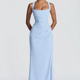 Sky blue square neck maxi dress, front view