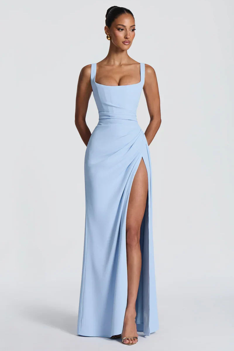 Sky blue square neck maxi dress, front view with high leg split