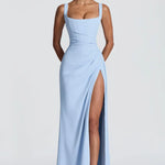 Sky blue square neck maxi dress, front view with high leg split