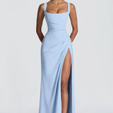 Sky blue square neck maxi dress, front view with high leg split