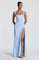 Sky blue square neck maxi dress, front view with high leg split