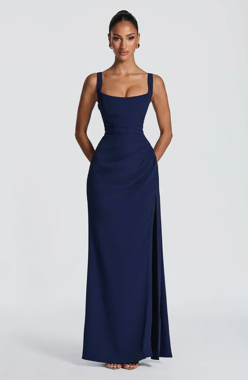 Navy square neck maxi dress, front view