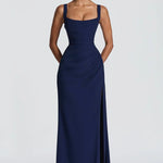 Navy square neck maxi dress, front view