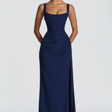 Navy square neck maxi dress, front view