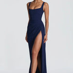 Navy square neck maxi dress, angled view showing the side split