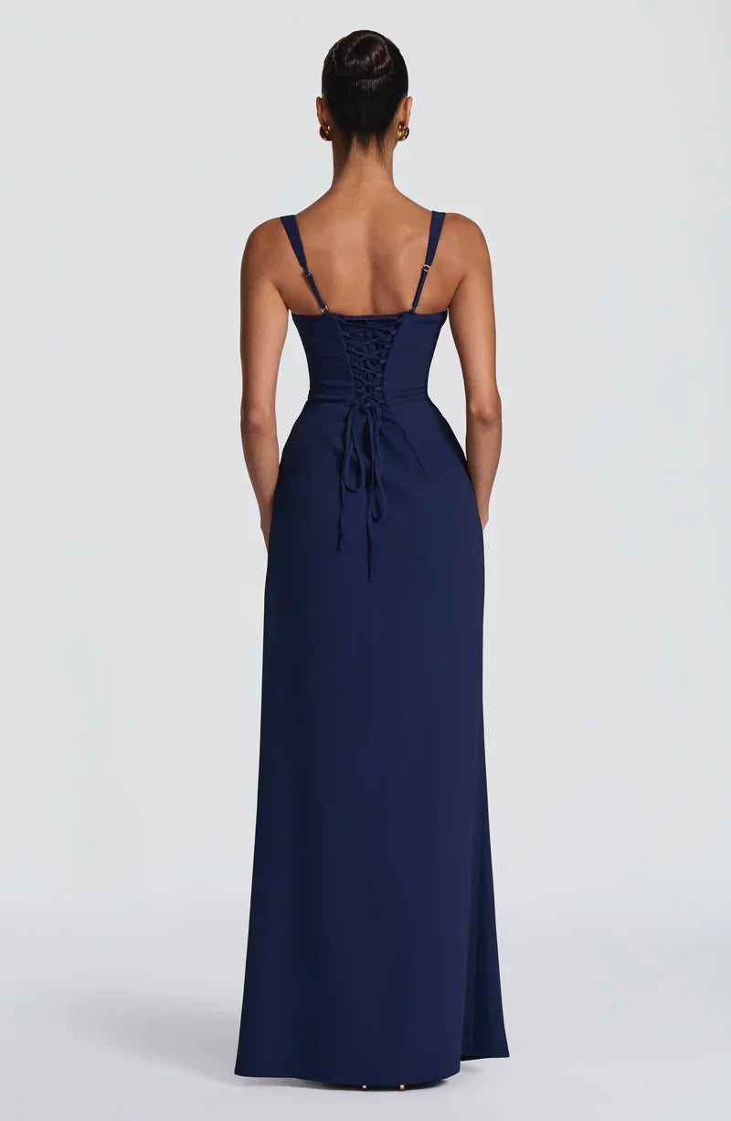 Navy square neck maxi dress, back view with lace-up tie detail