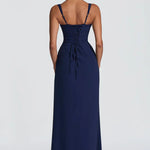 Navy square neck maxi dress, back view with lace-up tie detail