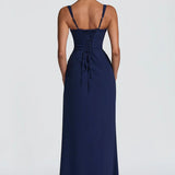 Navy square neck maxi dress, back view with lace-up tie detail