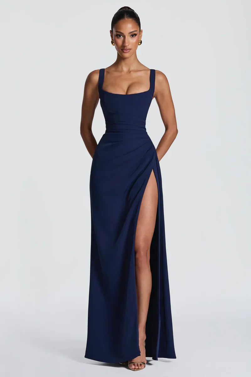 Navy square neck maxi dress, front view with high leg split