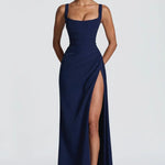 Navy square neck maxi dress, front view with high leg split