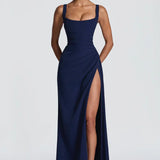 Navy square neck maxi dress, front view with high leg split