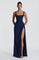 Navy square neck maxi dress, front view with high leg split